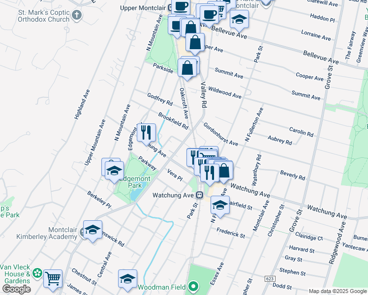 map of restaurants, bars, coffee shops, grocery stores, and more near 20 Appleton Place in Montclair