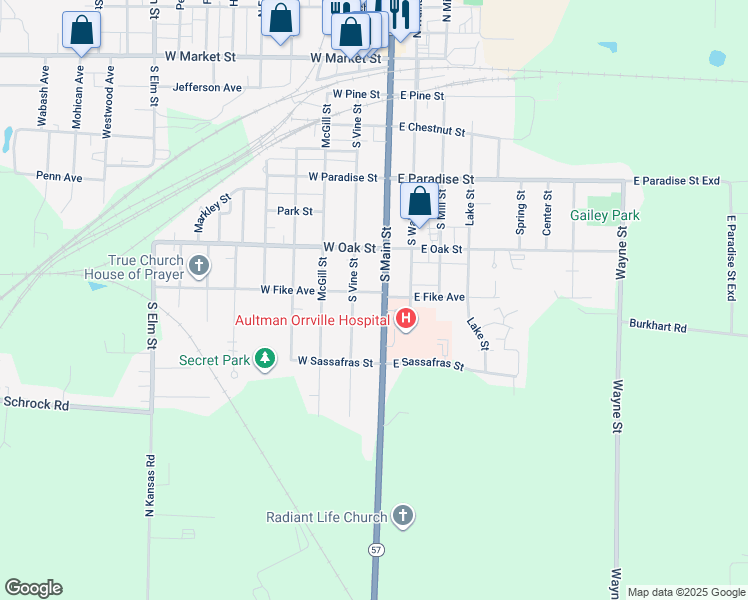 map of restaurants, bars, coffee shops, grocery stores, and more near 803 South Main Street in Orrville