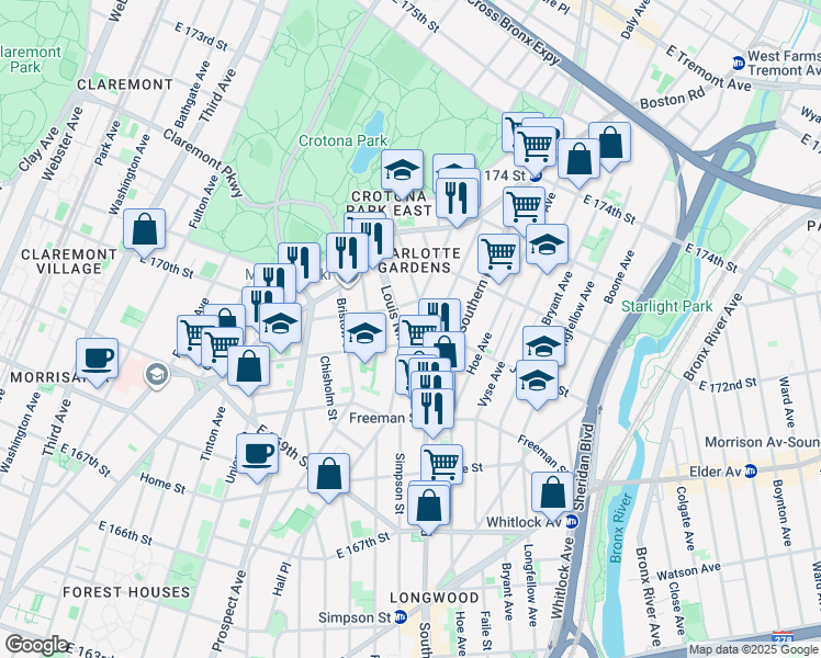 map of restaurants, bars, coffee shops, grocery stores, and more near 1410 Louis Nine Boulevard in Bronx