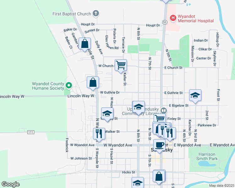 map of restaurants, bars, coffee shops, grocery stores, and more near 429 West Guthrie Drive in Upper Sandusky
