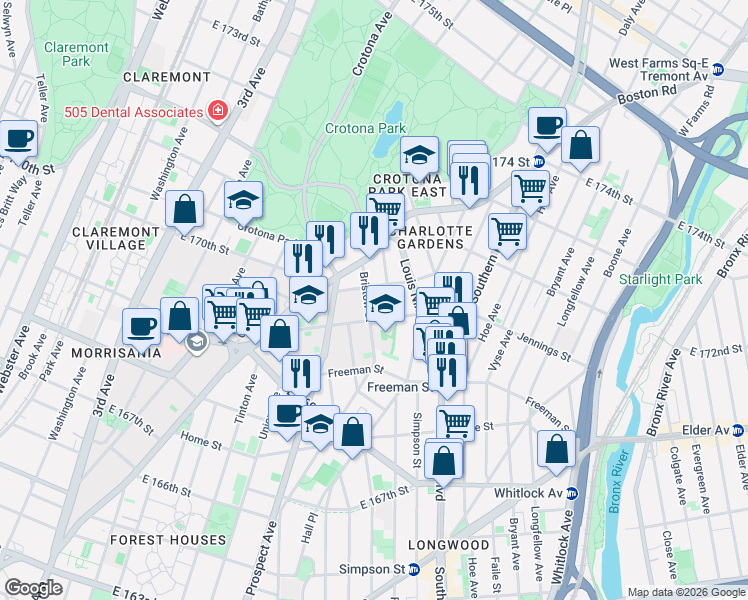 map of restaurants, bars, coffee shops, grocery stores, and more near 1397 Stebbins Avenue in The Bronx