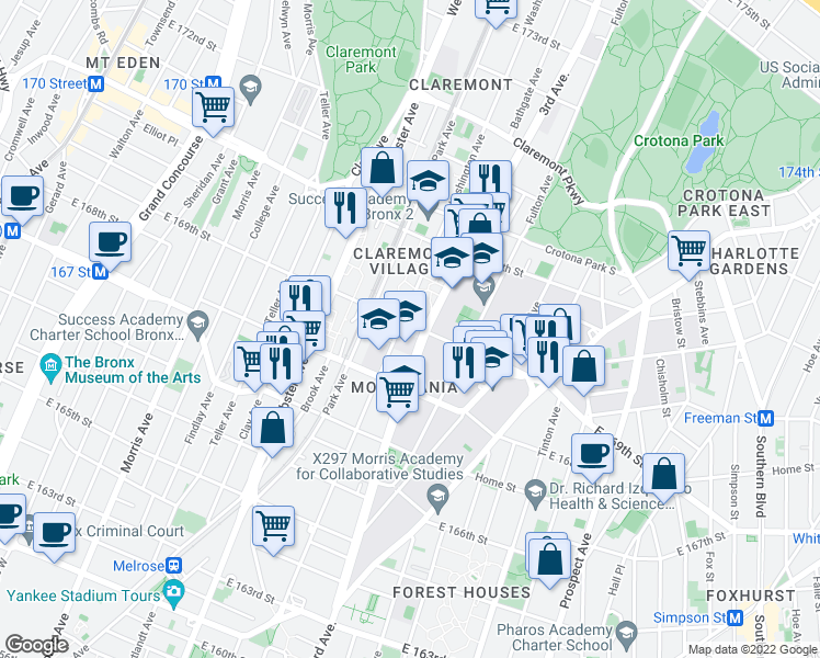 map of restaurants, bars, coffee shops, grocery stores, and more near 1292 Washington Avenue in The Bronx