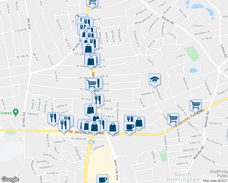 map of restaurants, bars, coffee shops, grocery stores, and more near 38 East 21st Street in Huntington Station