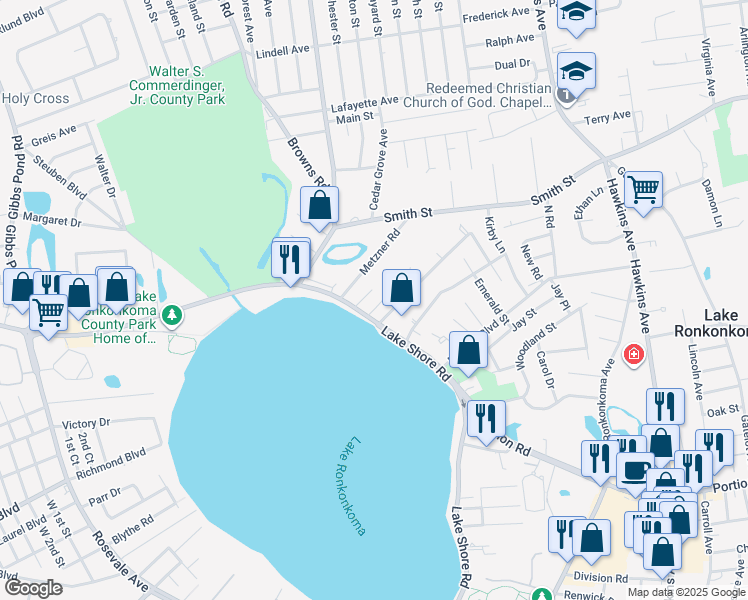 map of restaurants, bars, coffee shops, grocery stores, and more near 351 Lake Shore Road in Lake Ronkonkoma