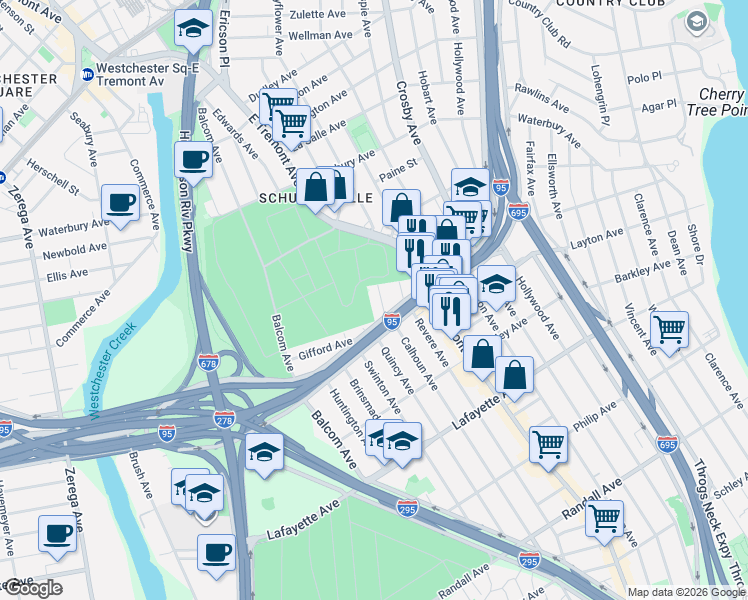 map of restaurants, bars, coffee shops, grocery stores, and more near 1130 Calhoun Avenue in Bronx