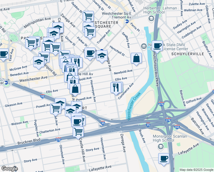 map of restaurants, bars, coffee shops, grocery stores, and more near 2357 Gleason Avenue in The Bronx