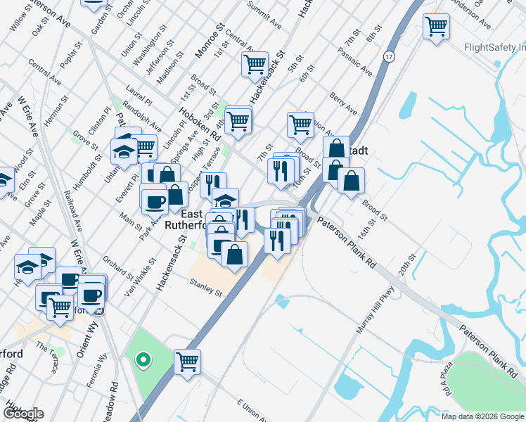 map of restaurants, bars, coffee shops, grocery stores, and more near 33 New Jersey 17 in East Rutherford