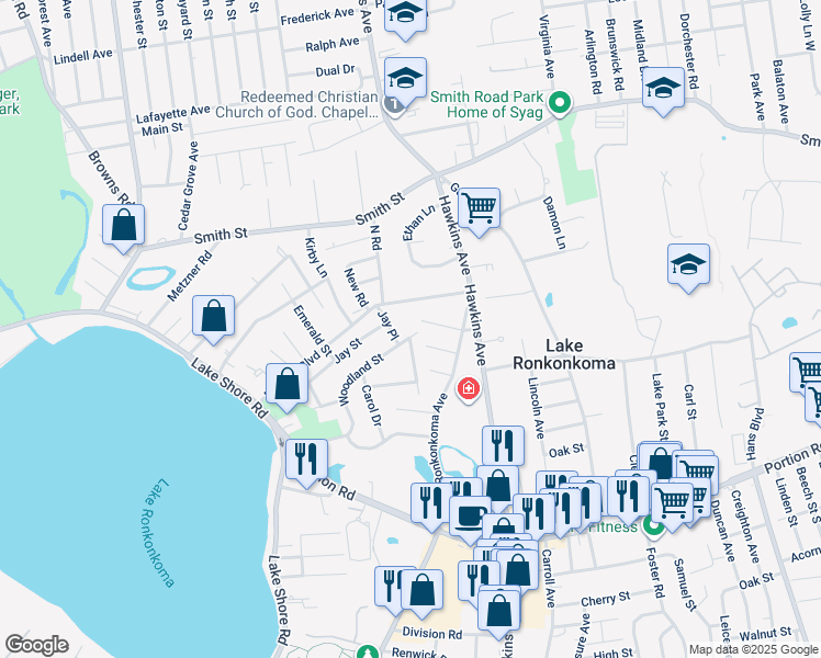 map of restaurants, bars, coffee shops, grocery stores, and more near 21 Woodland Street in Lake Ronkonkoma