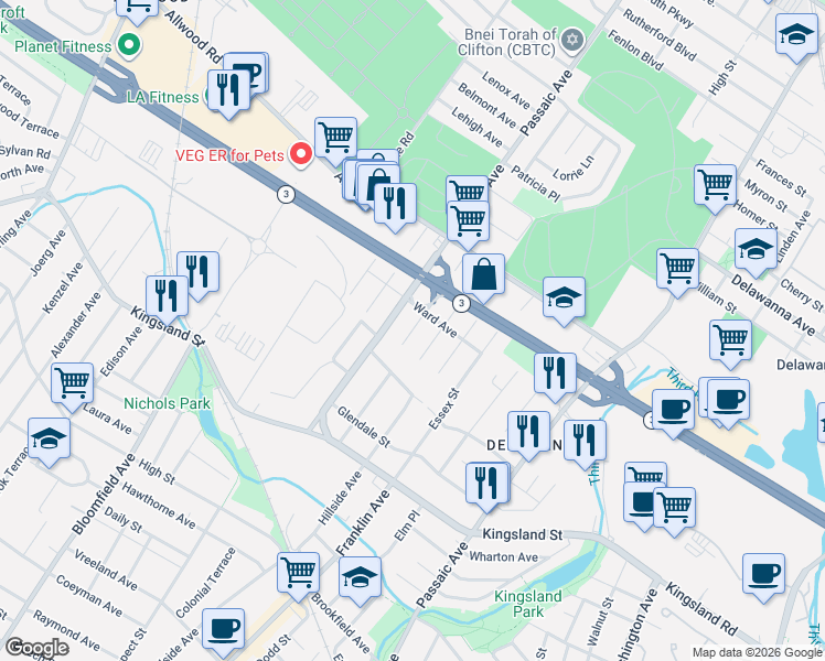 map of restaurants, bars, coffee shops, grocery stores, and more near 861 Passaic Avenue in Clifton