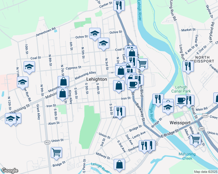 map of restaurants, bars, coffee shops, grocery stores, and more near 127 South 3rd Street in Lehighton