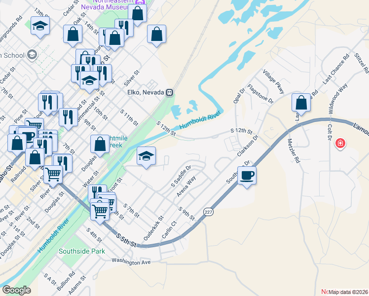 map of restaurants, bars, coffee shops, grocery stores, and more near 550 South 12th Street in Elko