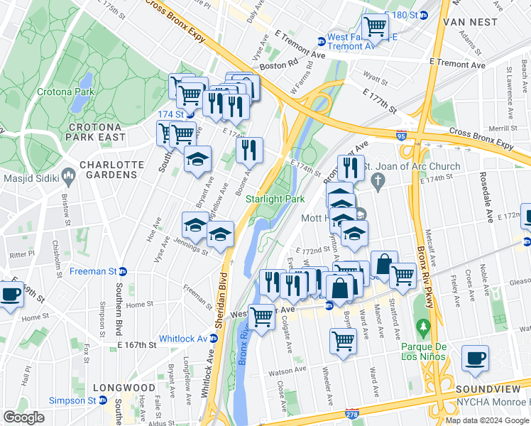 map of restaurants, bars, coffee shops, grocery stores, and more near 1490 Sheridan Boulevard in Bronx