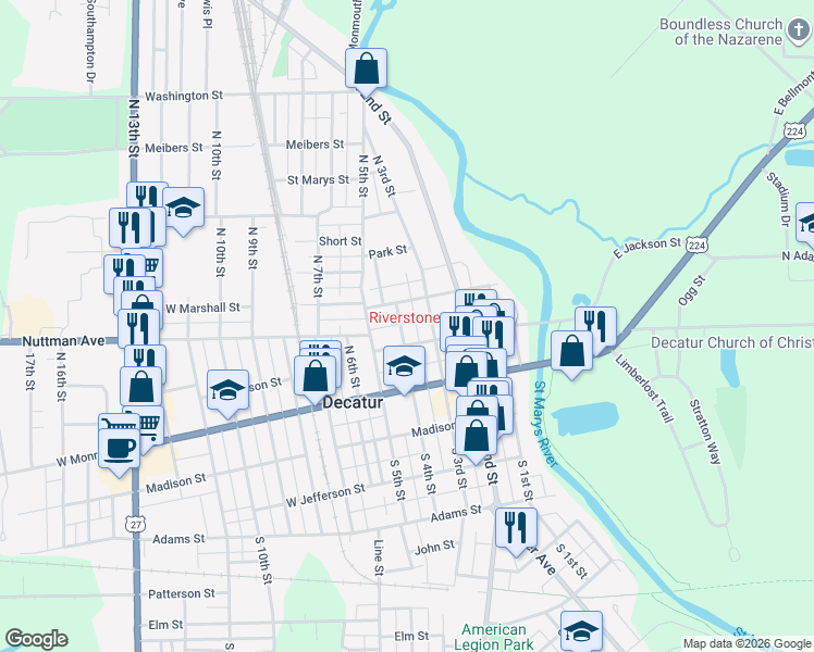 map of restaurants, bars, coffee shops, grocery stores, and more near 322 North 4th Street in Decatur