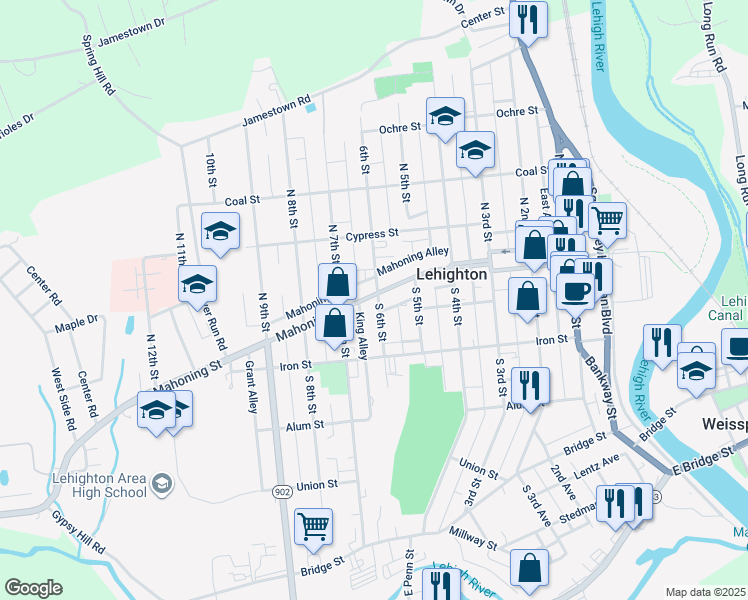 map of restaurants, bars, coffee shops, grocery stores, and more near 601 Mahoning Street in Lehighton