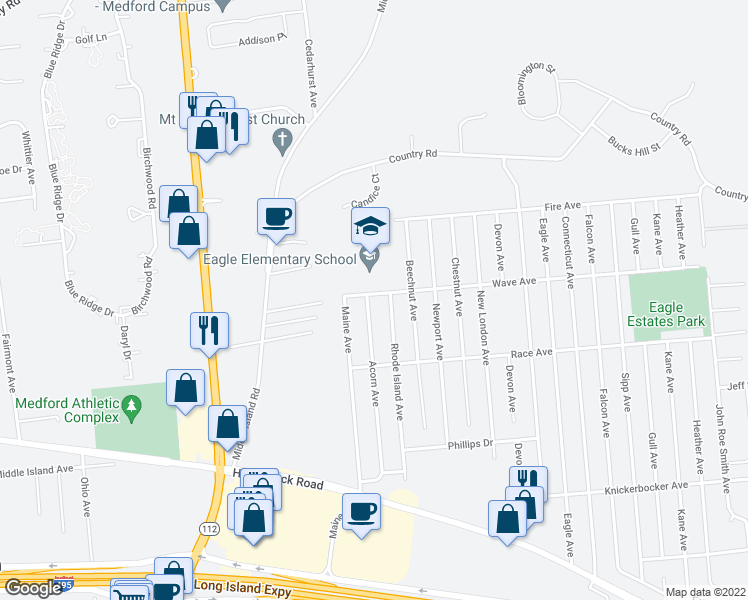 map of restaurants, bars, coffee shops, grocery stores, and more near 1300 Wave Avenue in Medford