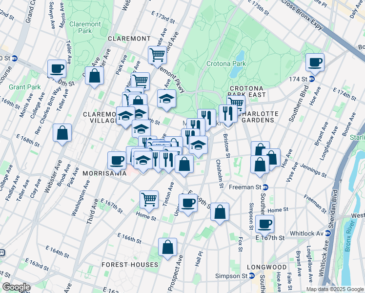 map of restaurants, bars, coffee shops, grocery stores, and more near 666 Jefferson Place in The Bronx