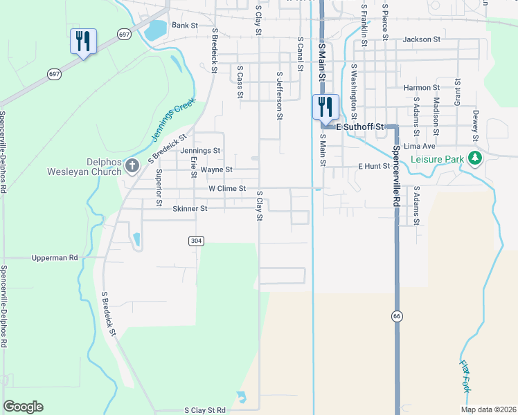 map of restaurants, bars, coffee shops, grocery stores, and more near 400 Skinner Street in Delphos