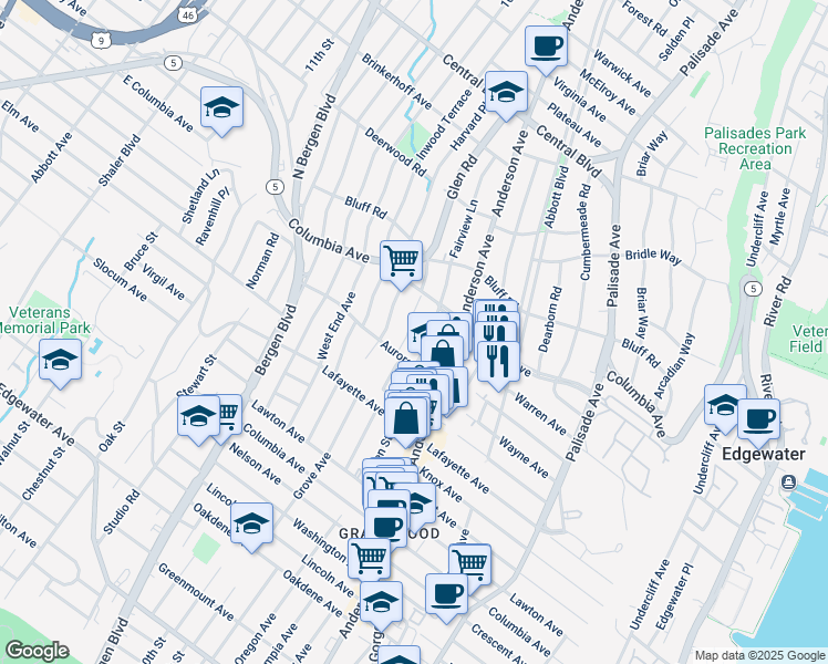 map of restaurants, bars, coffee shops, grocery stores, and more near 800 Glen Road in Fort Lee