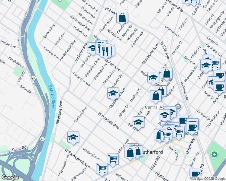 map of restaurants, bars, coffee shops, grocery stores, and more near 189 Prospect Place in Rutherford