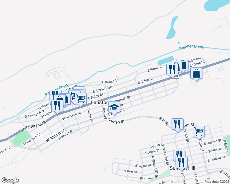 map of restaurants, bars, coffee shops, grocery stores, and more near 226 East Ridge Street in Lansford