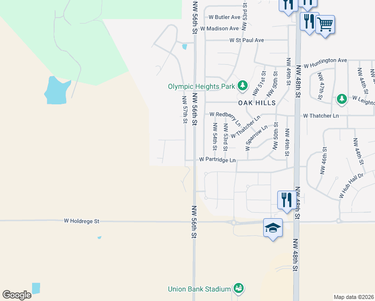 map of restaurants, bars, coffee shops, grocery stores, and more near 2020 Northwest 57th Street in Lincoln