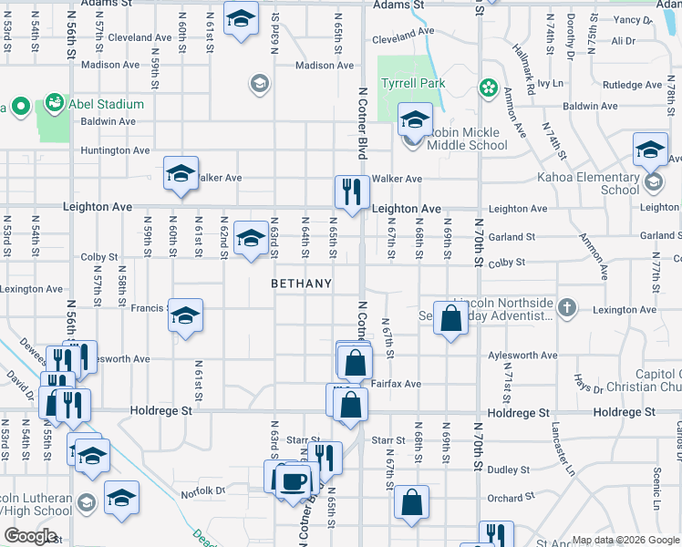 map of restaurants, bars, coffee shops, grocery stores, and more near 6511 Colby Street in Lincoln
