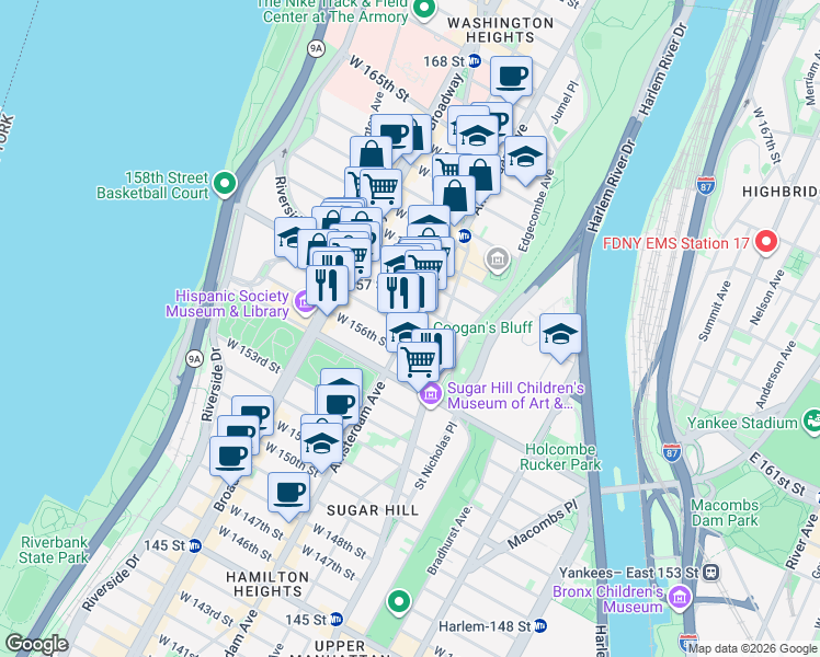 map of restaurants, bars, coffee shops, grocery stores, and more near Amsterdam Ave & W 157th St in New York