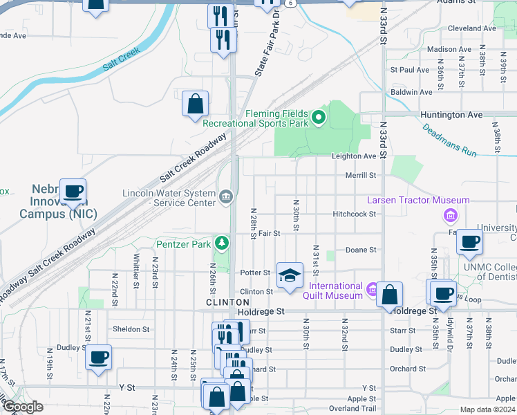 map of restaurants, bars, coffee shops, grocery stores, and more near 2000 North 28th Street in Lincoln