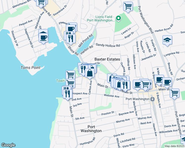 map of restaurants, bars, coffee shops, grocery stores, and more near 12 Columbia Place in Port Washington