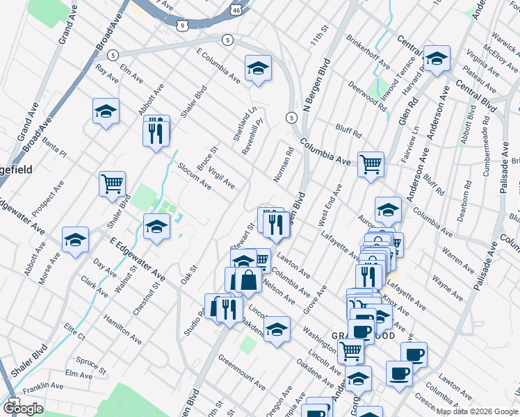 map of restaurants, bars, coffee shops, grocery stores, and more near 741 Stewart Street in Ridgefield