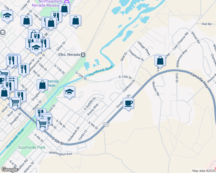 map of restaurants, bars, coffee shops, grocery stores, and more near 550 South 12th Street in Elko