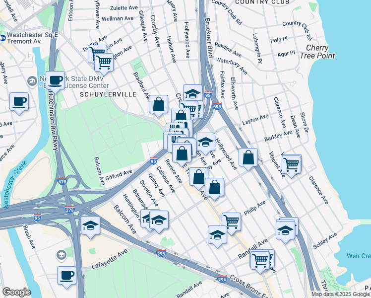 map of restaurants, bars, coffee shops, grocery stores, and more near in The Bronx