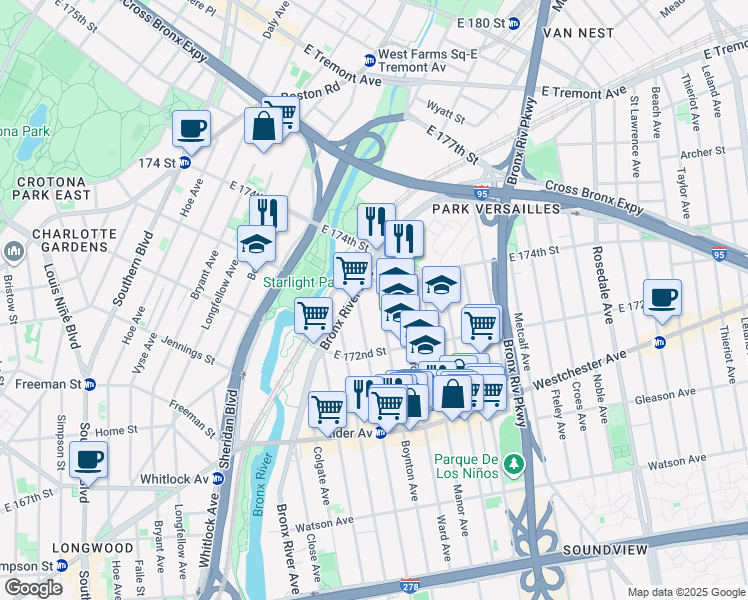 map of restaurants, bars, coffee shops, grocery stores, and more near 1353 Boynton Avenue in Bronx