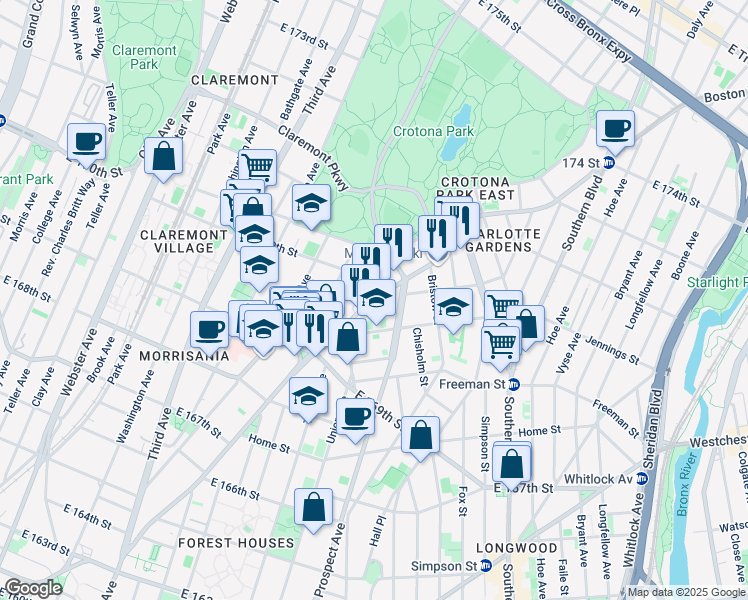 map of restaurants, bars, coffee shops, grocery stores, and more near 1377 Boston Road in Bronx