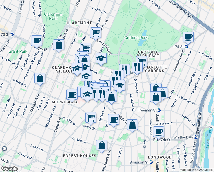 map of restaurants, bars, coffee shops, grocery stores, and more near 666 Jefferson Place in The Bronx