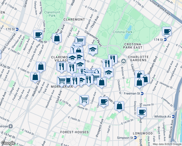 map of restaurants, bars, coffee shops, grocery stores, and more near 1362 Franklin Avenue in The Bronx