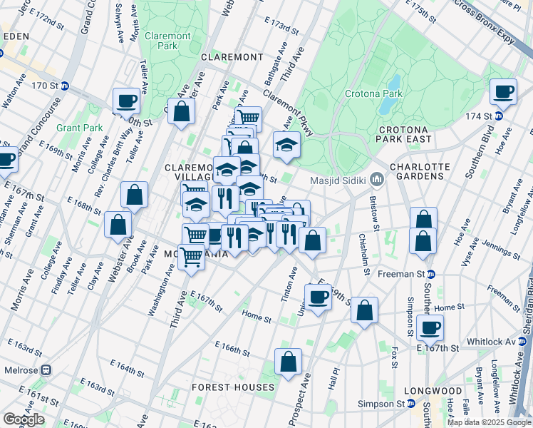 map of restaurants, bars, coffee shops, grocery stores, and more near 1344 Fulton Avenue in The Bronx