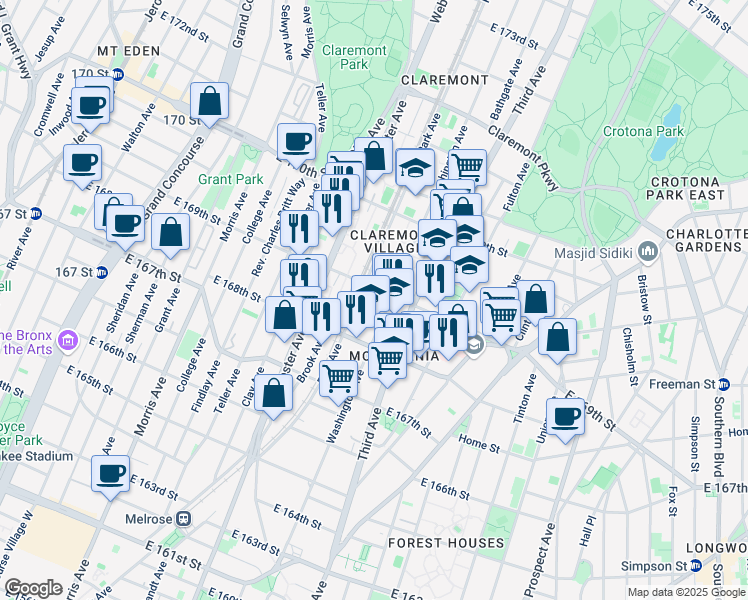 map of restaurants, bars, coffee shops, grocery stores, and more near 450 East 169th Street in The Bronx