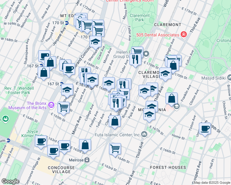map of restaurants, bars, coffee shops, grocery stores, and more near 1230 Reverend Jerome A. Greene Place in The Bronx