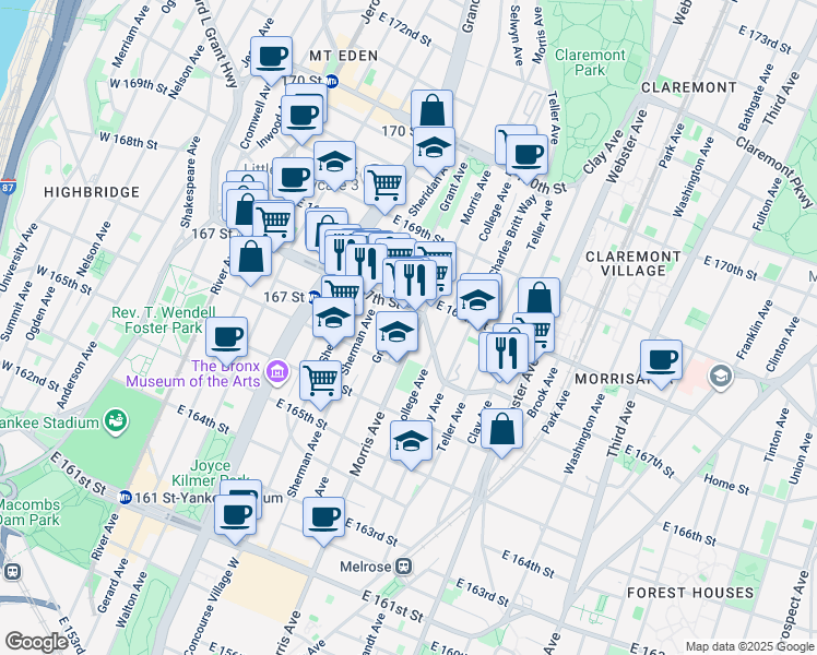 map of restaurants, bars, coffee shops, grocery stores, and more near in The Bronx
