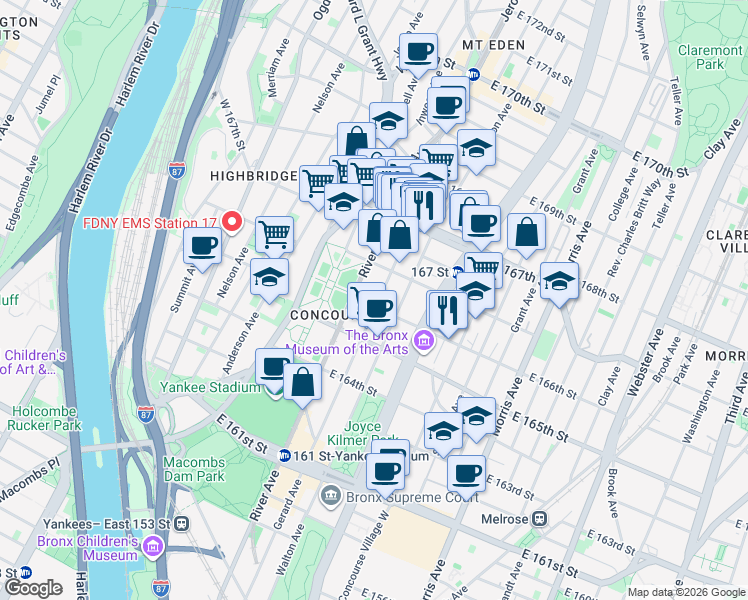 map of restaurants, bars, coffee shops, grocery stores, and more near 1100 Gerard Avenue in Bronx
