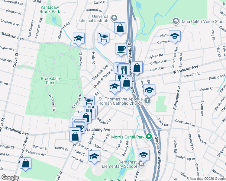map of restaurants, bars, coffee shops, grocery stores, and more near 1230 Broad Street in Bloomfield