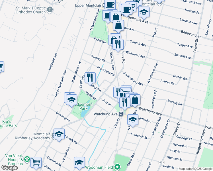 map of restaurants, bars, coffee shops, grocery stores, and more near 15 Burnside Street in Montclair