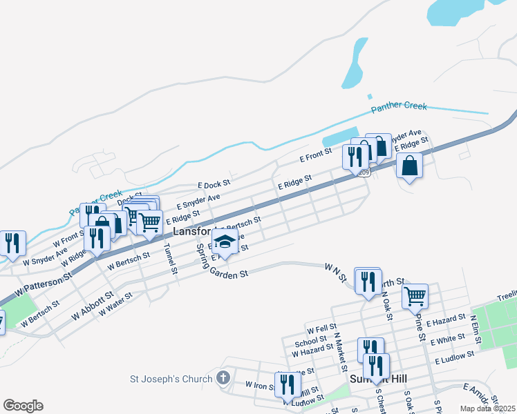 map of restaurants, bars, coffee shops, grocery stores, and more near 255 East Patterson Street in Lansford