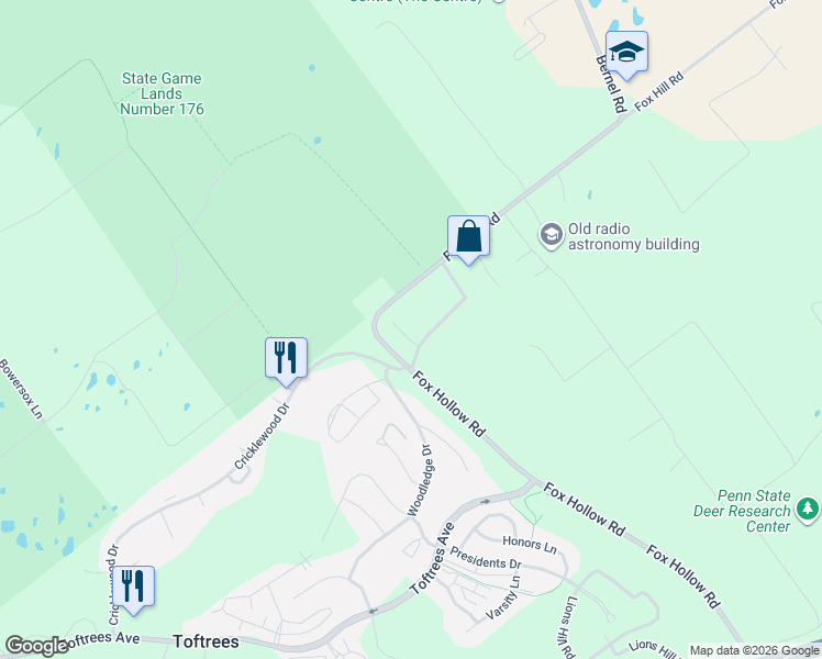 map of restaurants, bars, coffee shops, grocery stores, and more near Scarlet Oak Circle in State College
