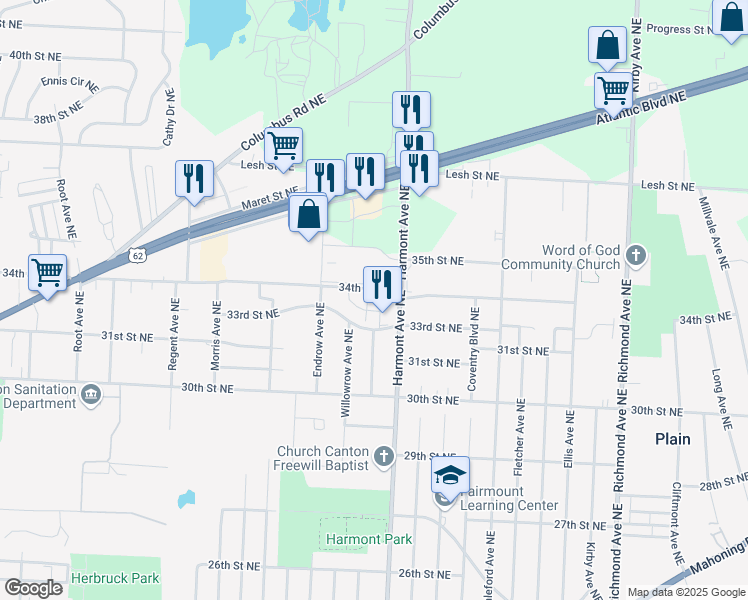 map of restaurants, bars, coffee shops, grocery stores, and more near 3168 34th Street Northeast in Canton