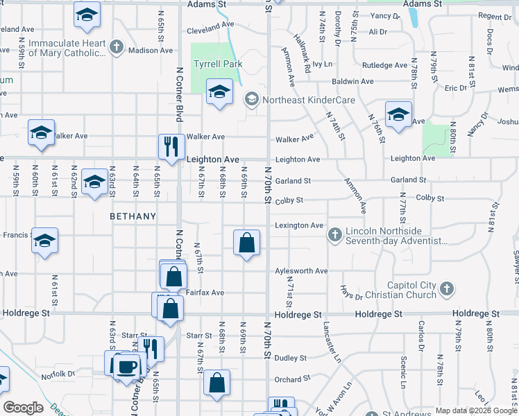 map of restaurants, bars, coffee shops, grocery stores, and more near 6935 Colby Street in Lincoln