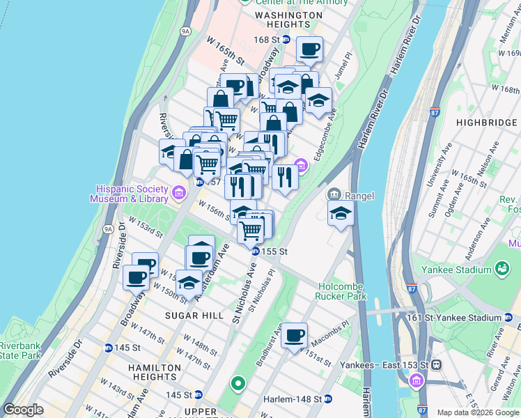 map of restaurants, bars, coffee shops, grocery stores, and more near 945 St Nicholas Ave in New York