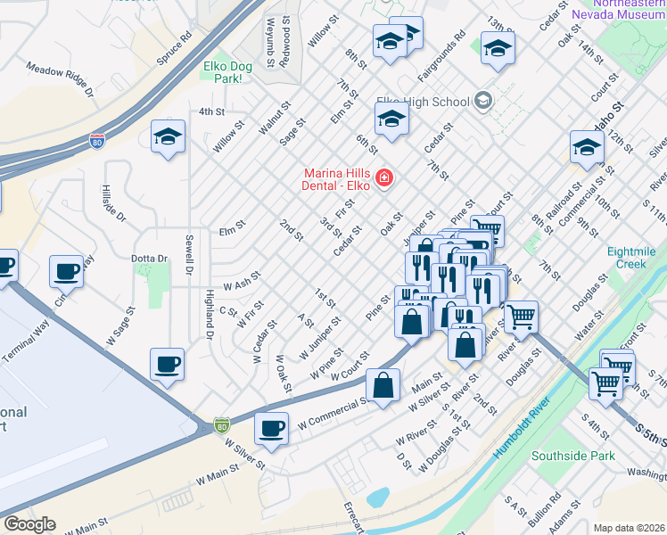 map of restaurants, bars, coffee shops, grocery stores, and more near 2nd Street in Elko