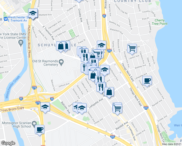 map of restaurants, bars, coffee shops, grocery stores, and more near in The Bronx